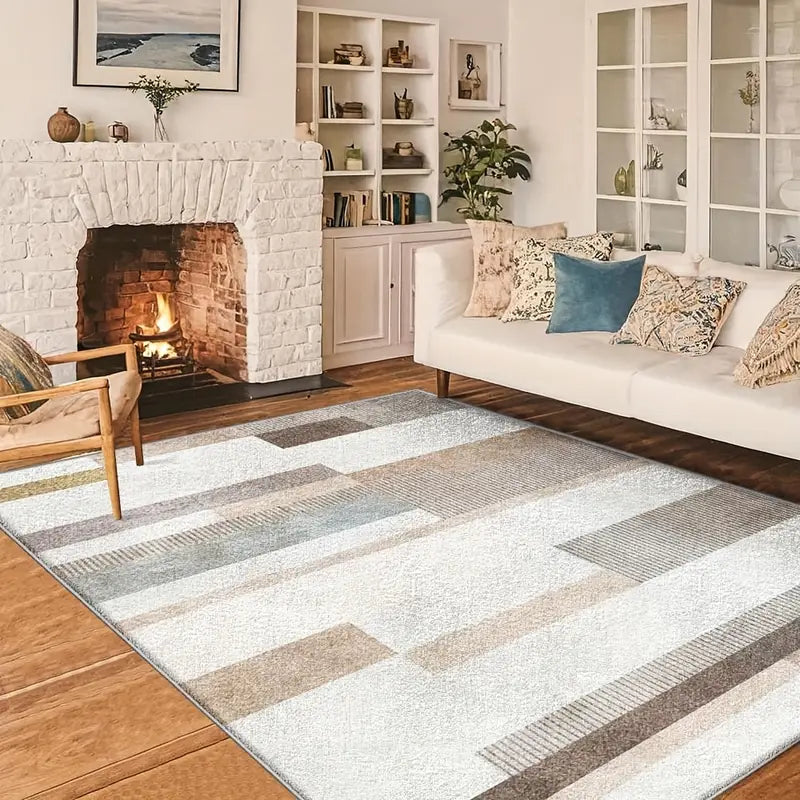 Tapete Boêmio de Pelúcia Listrado – Maciez Extra 850gsm, Antiderrapante e Lavável à Máquina, Ideal para Quarto, Sala de Jantar e Escritório