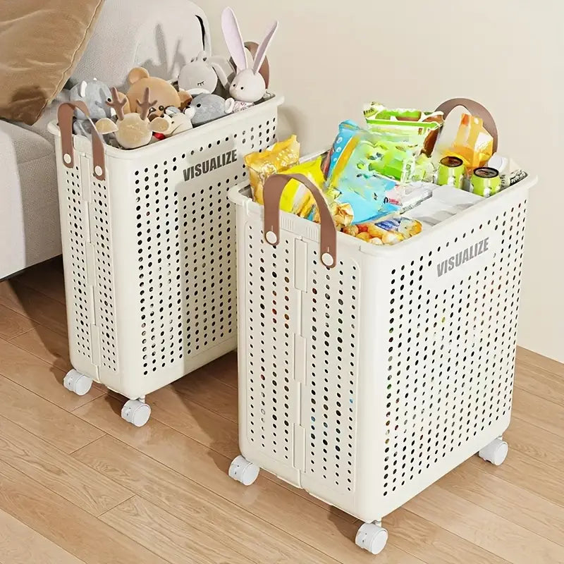 Cesto de Roupa Suja Dobrável com Rodas – Estilo Cerâmico Branco, Grande Capacidade