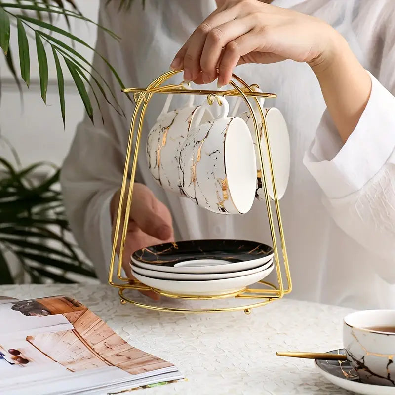 Suporte Metálico + 6 Xícaras de Café – Organizador Elegante com Design Europeu para Cozinha e Cantinho do Café