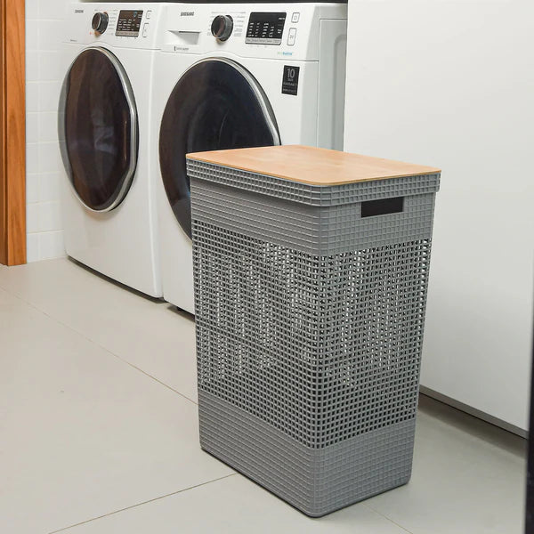 Cesto de roupas de 49L com tampa de bambu Linha Oasi