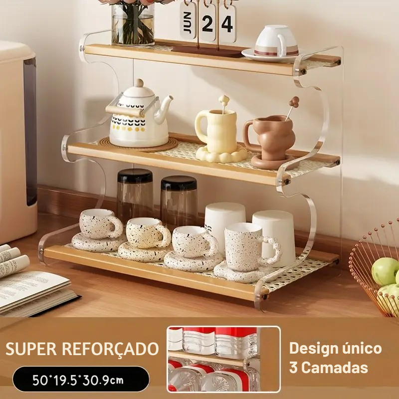 Expositor Multiníveis de Bambu e Acrílico – Prateleira Decorativa e Organizador para Cozinha, Escritório ou Cantinho do Café