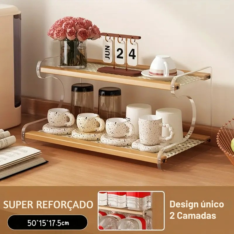 Expositor Multiníveis de Bambu e Acrílico – Prateleira Decorativa e Organizador para Cozinha, Escritório ou Cantinho do Café
