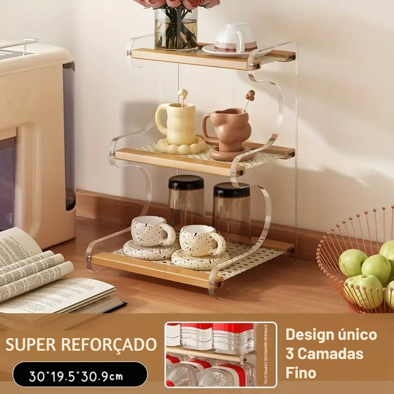 Expositor Multiníveis de Bambu e Acrílico – Prateleira Decorativa e Organizador para Cozinha, Escritório ou Cantinho do Café