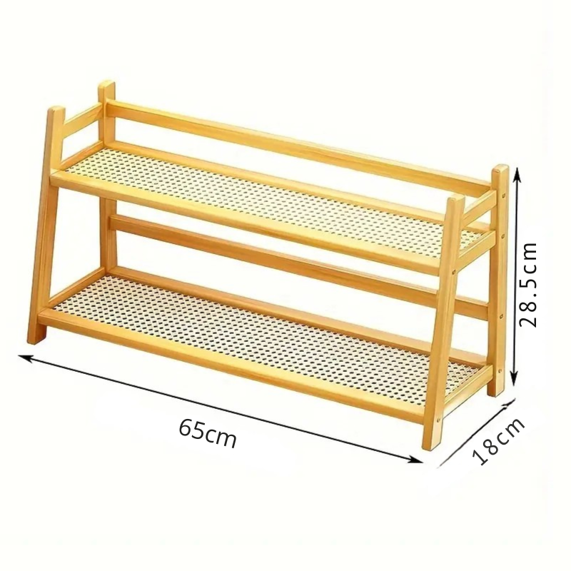 Organizador de Mesa em Rattan com 2 Níveis — Prateleira Elegante e Funcional para Escritório, Cantinho do Café ou Decoração