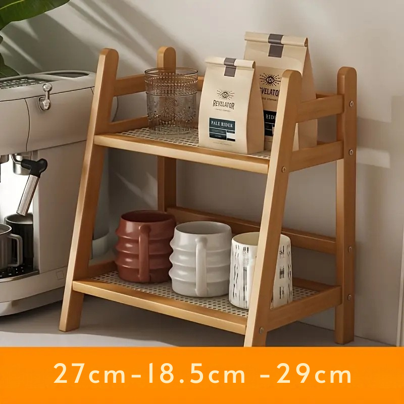Organizador de Mesa em Rattan com 2 Níveis — Prateleira Elegante e Funcional para Escritório, Cantinho do Café ou Decoração