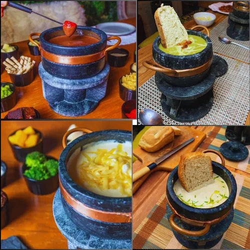 Kit Fondue Elegance — Completo com 1 Pedra + 2 Panelas, 6 Garfinhos e 5 Tigelas