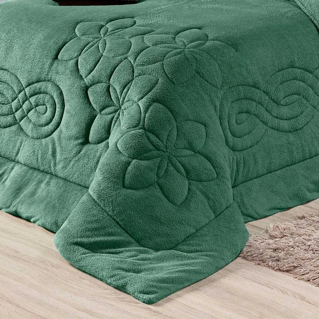 Coberdrom Floral Hibisco Verde King 03 Peças - Dupla Face Manta Microfibra