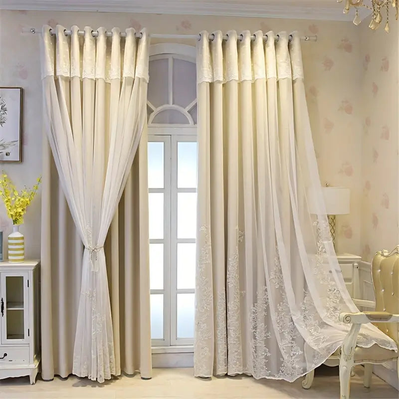 Cortina Dupla com Bordado e Renda - Tecido Semi-Blackout com Ilhós Superior, Ideal para Quarto, Sala, Porta de Correr e Decoração Residencial