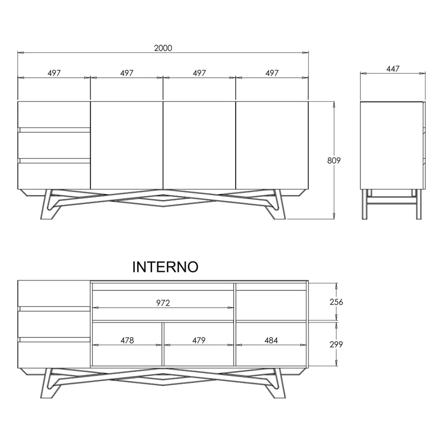 Buffet Oasi com Vidro pés em Madeira de Eucalipto estrutura em MDF cor Off-White BV200 Off White