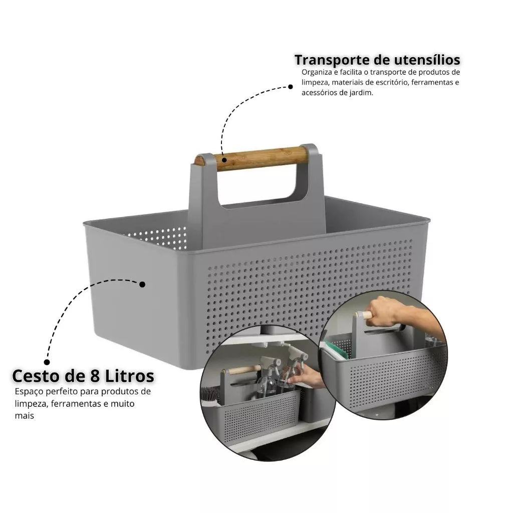 Cesto Organizador de Lavanderia Com Alça 8L Multiuso Para Produtos de Limpeza Armário