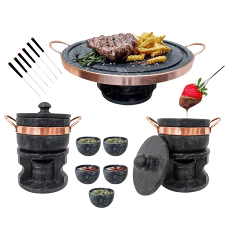 Kit Fondue Elegance — Completo com 1 Pedra + 2 Panelas, 6 Garfinhos e 5 Tigelas