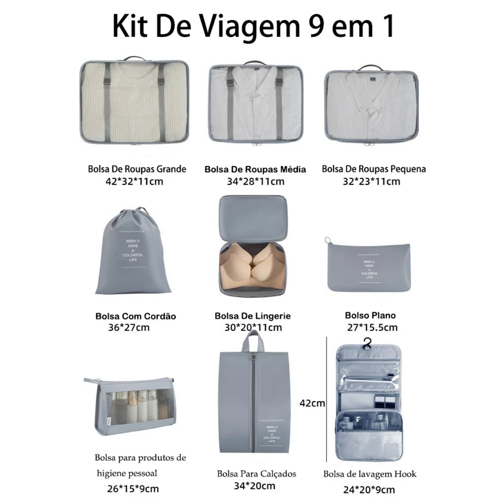Kit 9 Bolsas Organizadoras para Mala – Roupas, Sapatos e Acessórios de Viagem