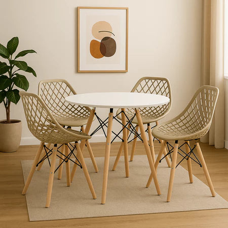 Conjunto Mesa Eames 90cm + 4 Cadeiras Kaila – Design Escandinavo para Jantar ou Cozinha
