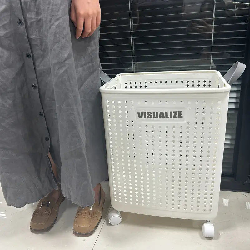 Cesto de Roupa Suja Dobrável com Rodas – Estilo Cerâmico Branco, Grande Capacidade