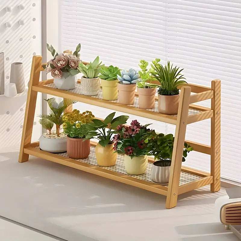 Organizador de Mesa em Rattan com 2 Níveis — Prateleira Elegante e Funcional para Escritório, Cantinho do Café ou Decoração