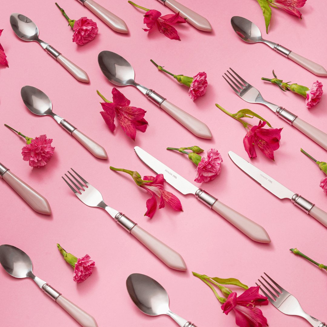 Faqueiro 24 Peças em Aço Inox com Cabo de Plastico Mother Pearl Rosa 26cm