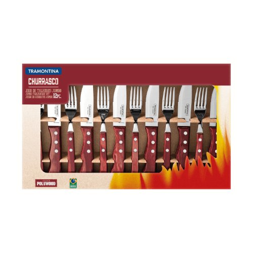 Faqueiro para Churrasco Jumbo em Aço Inox com Cabo Vermelho Polywood 12 Peças Tramontina