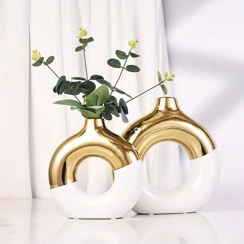 Conjunto de 2 vasos cerâmicos estilo boho - Vasos redondos para flores com acentos dourados