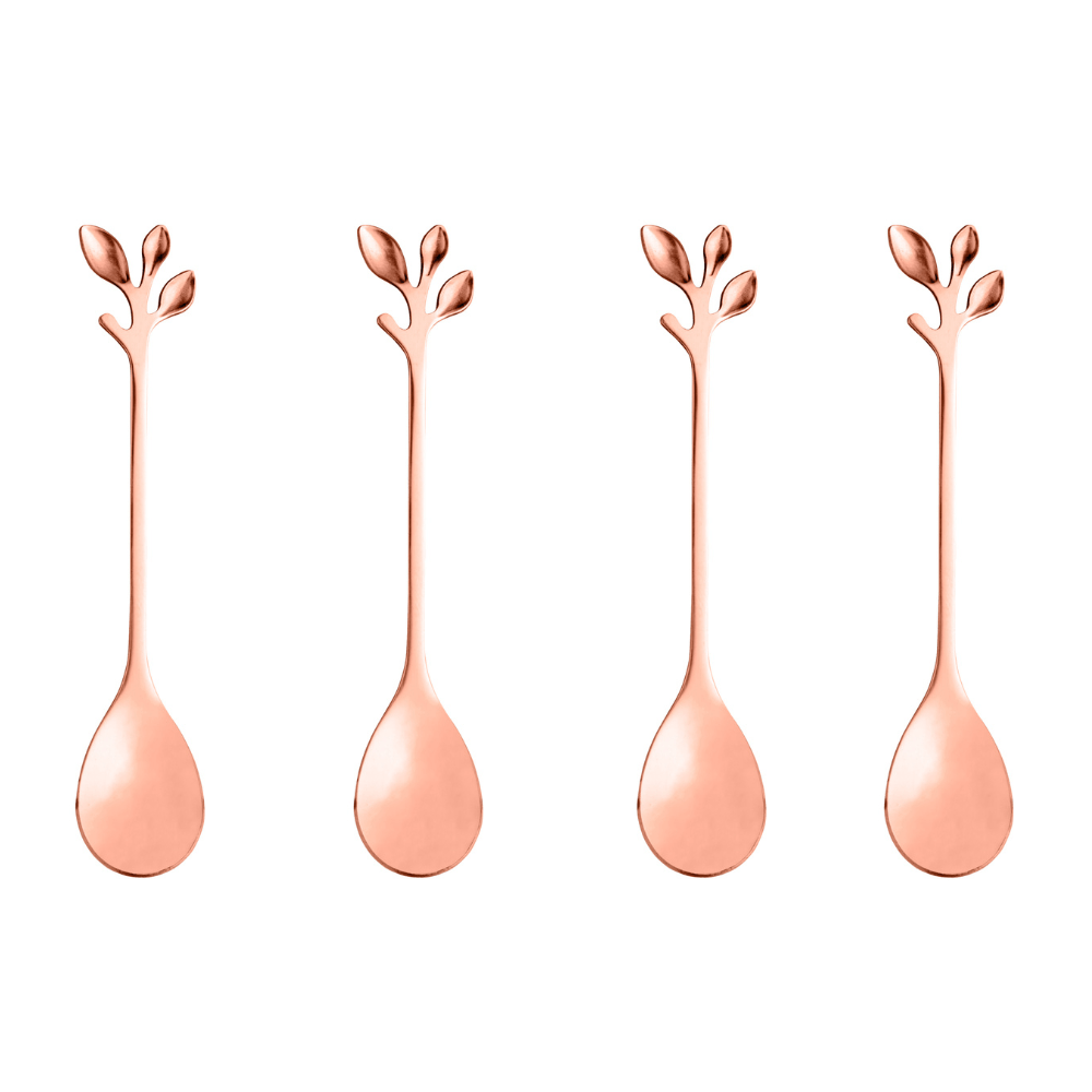 Jogo de 4 Colheres Aço Inox Para Chá Leaves Folhas Rose Gold