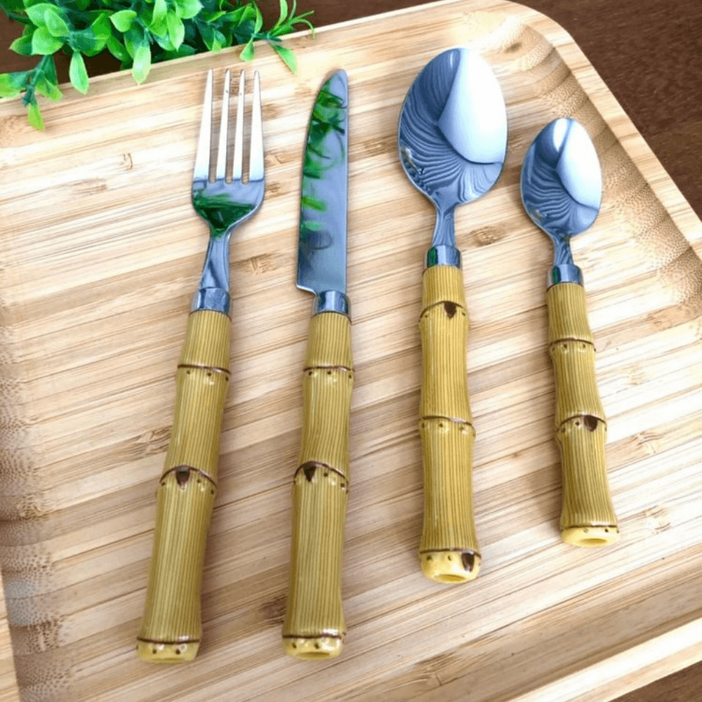Jogo de Talher Faqueiro Bambu Aço Inox - 4 Peças