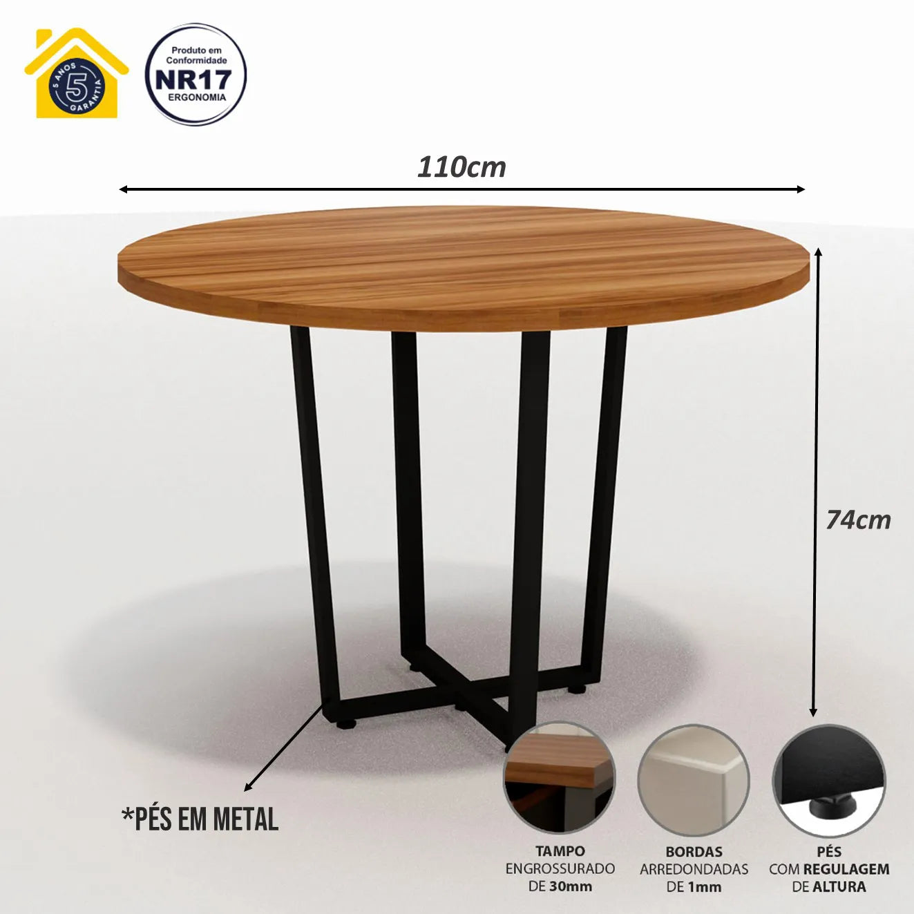 Mesa de Reunião Industrial Redonda 110cm Pés em Metal F5 Office