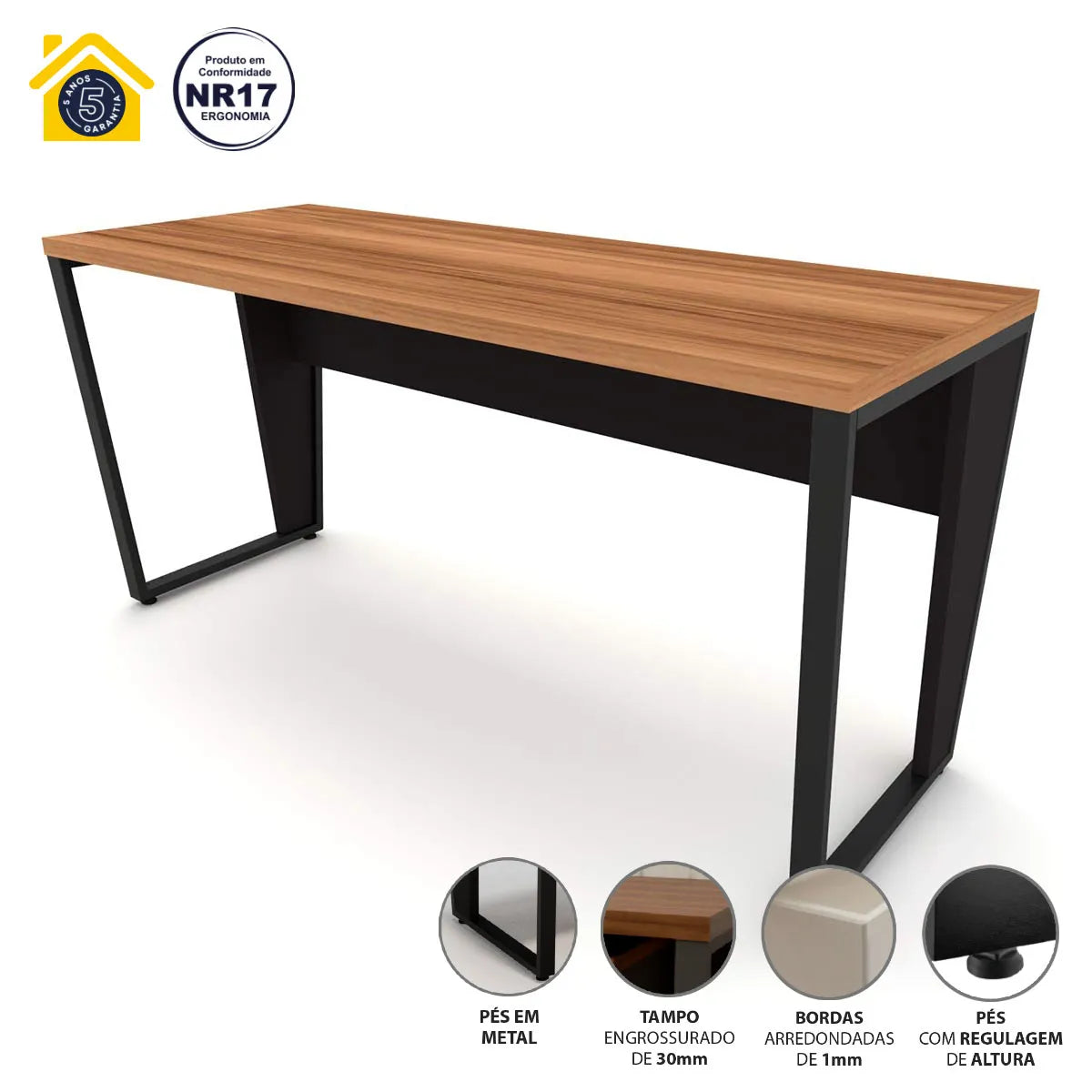 Mesa Escrivaninha Industrial 1,50m Nogal com Preto Pés Metal F5 Office