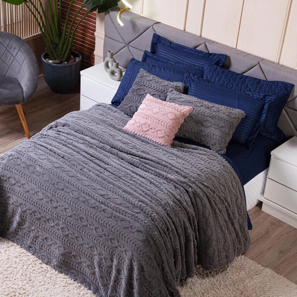 Cobertor Manta Zurique Trançado Avulso KING - Mantinha Plush Fleece Sherpa Alto Relevo Flannel