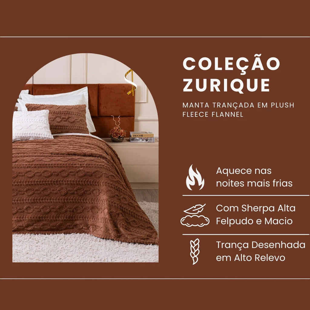 Cobertor Manta Zurique Trançado Avulso KING - Mantinha Plush Fleece Sherpa Alto Relevo Flannel