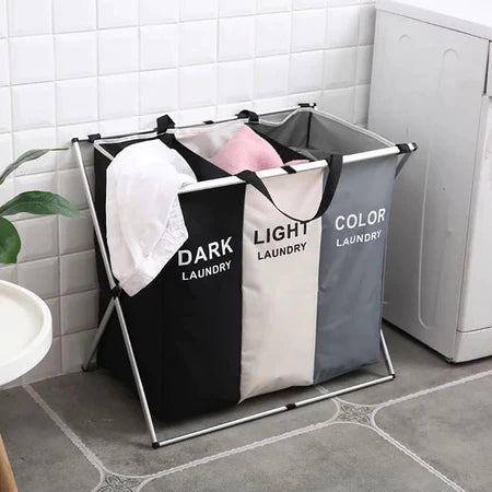 Cesto de Roupas Suja Dobrável 3 Compartimentos Organizador Grande PREMIUM