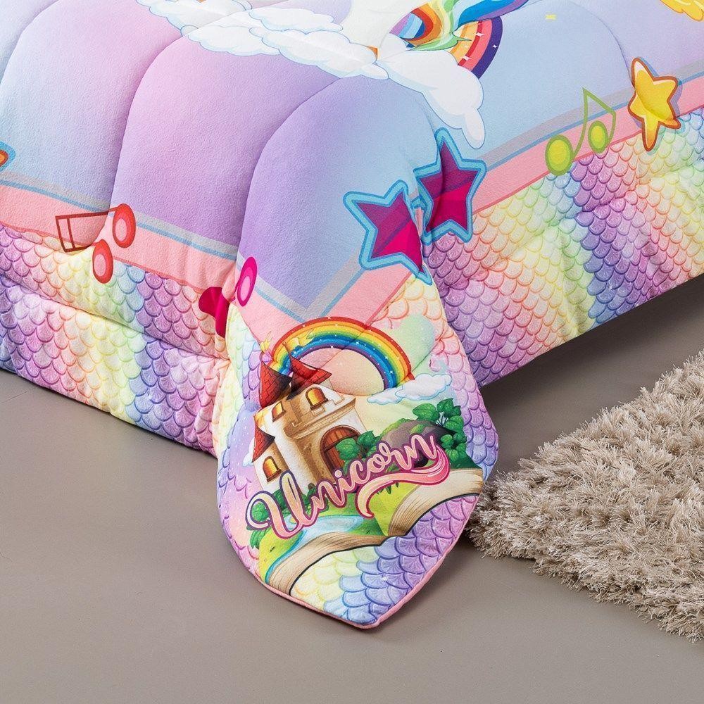 Kit Edredom Plush Fofinho Infantil Dupla Face Dream 2 Peças Solteiro Unicórnio