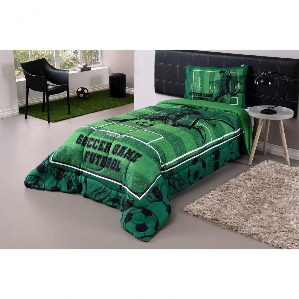 Kit Edredom Plush Fofinho Infantil Dupla Face Dream 2 Peças Solteiro Futebol